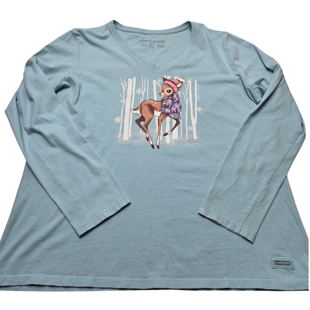 Life is Good Crusher V-Neck Long Sleeve Tee Blue Deer Winter XL